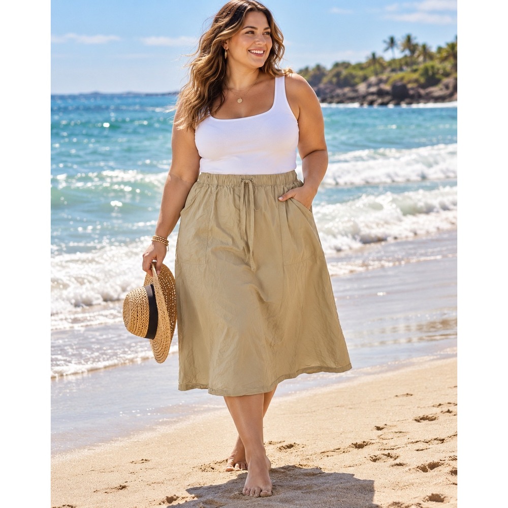 Lane Bryant Midi Skirt Drawstring Pockets Womens 18/20 Tan Beach Relaxing